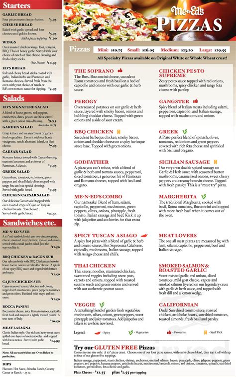 Me-n-Ed's Pizza Parlors menu in Burnaby, British Columbia, Canada