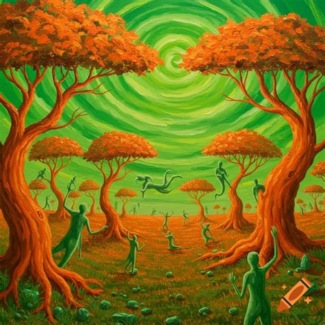 Surrealist painting in green and orange on Craiyon