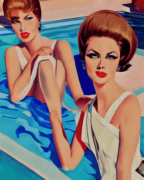Modeschildering van vrouwen uit de jaren 60 bij het zwembad · Creative Fabrica