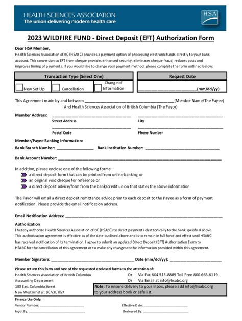 Fillable Online 2023 WILDFIRE FUND - Direct Deposit (EFT) Authorization ...