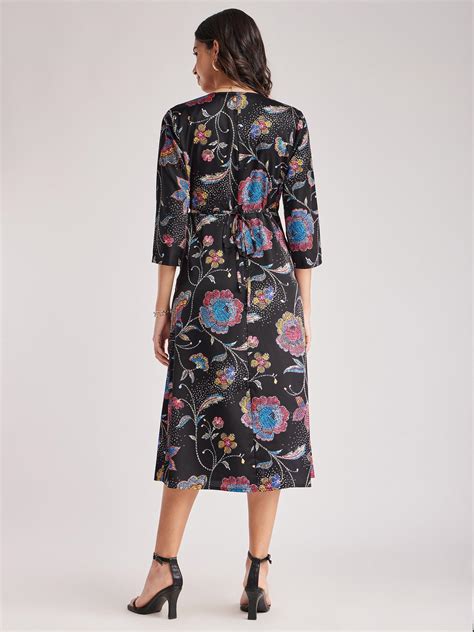 Buy Black And Multicolour Satin Floral Wrap Dress Online | FableStreet