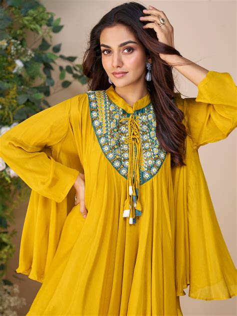 Mustard Yellow Embroidered Poncho Kurti Set - Anant Exports