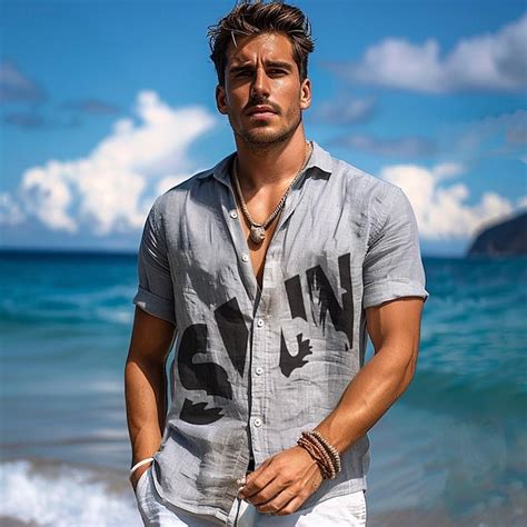 Men's Cotton Linen Shirt Gray Short Sleeve Word / Phrase Turndown ...