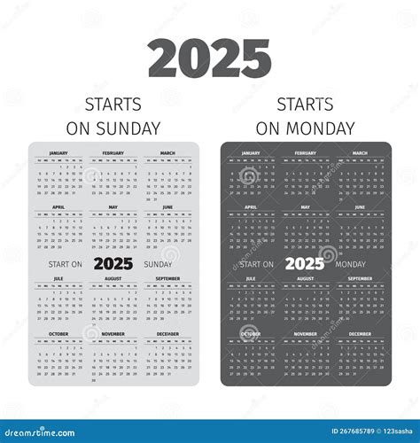 2025 Pocket Calendar. Start on Sunday and Monday Stock Illustration ...