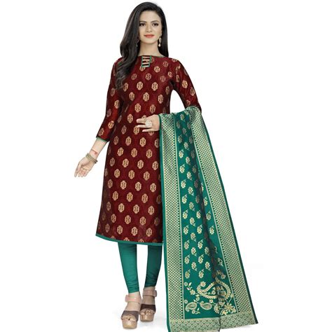 Energetic Maroon Colored Party Wear Woven Banarasi Silk Dress Material