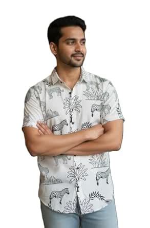 Abeo Men's Safari Print Cotton Shirt, Short Sleeve, Black and White ...