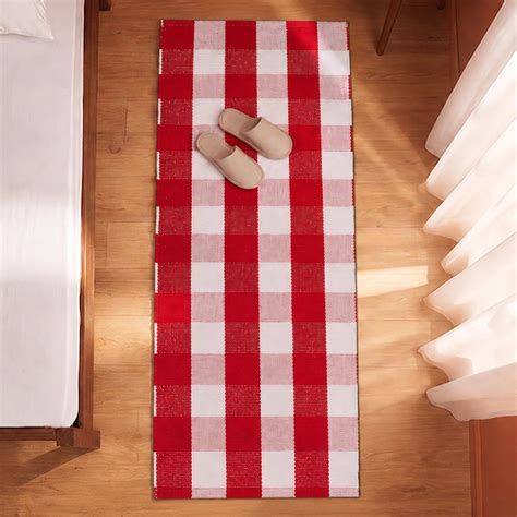 Red & White Cotton Plaid Rug | HomeMonde Lifestyle