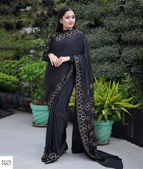 Black Rose Tilla Embroidered Crepe Saree – Kashmir origin
