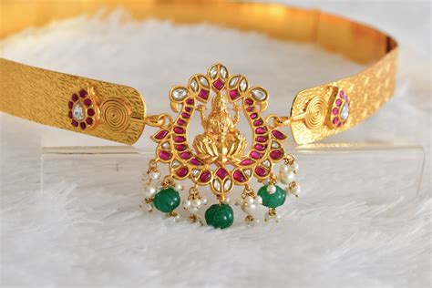 Gold tone pink-green-white kundan jadau Lakshmi mango waist band dj-52 ...