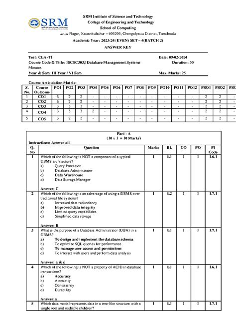18CSC303J Database Management Systems - Answer Key for SET 4 (Batch 2 ...