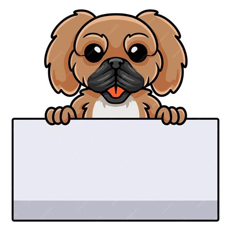 Cute little pekingese dog cartoon holding blank sign | Premium Vector