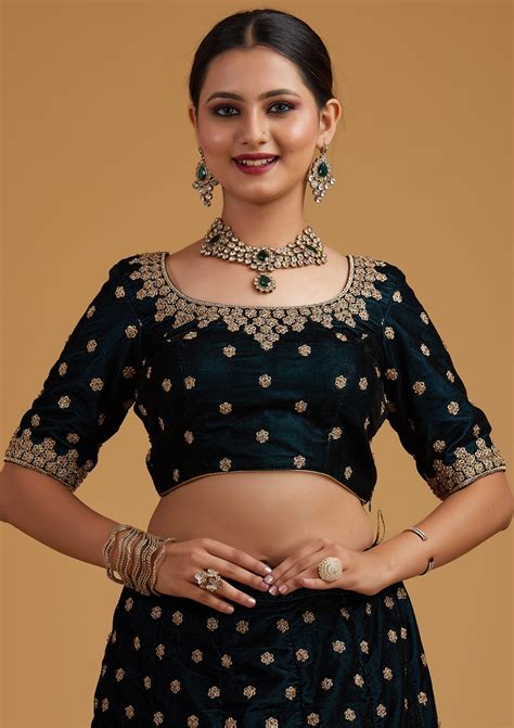 Buy Peacock Blue Zariwork Velvet Semi Stitched Lehenga - Koskii