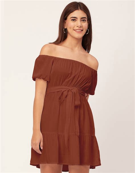 Off Shoulder Solid Rayon Gathered Dress - Moomaya