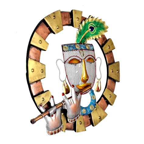 Iron Divine Krishna wall sculpture playing flute (18.5 inch diameter ...