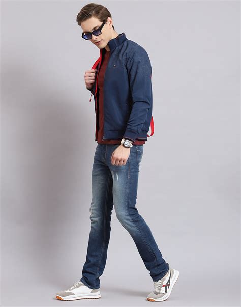 Buy Men Navy Blue Printed Stand Collar Full Sleeve Jacket Online in ...