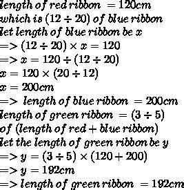 Tanmay has a red ribbon which is 120 cm long. It is 12/20 of the length ...