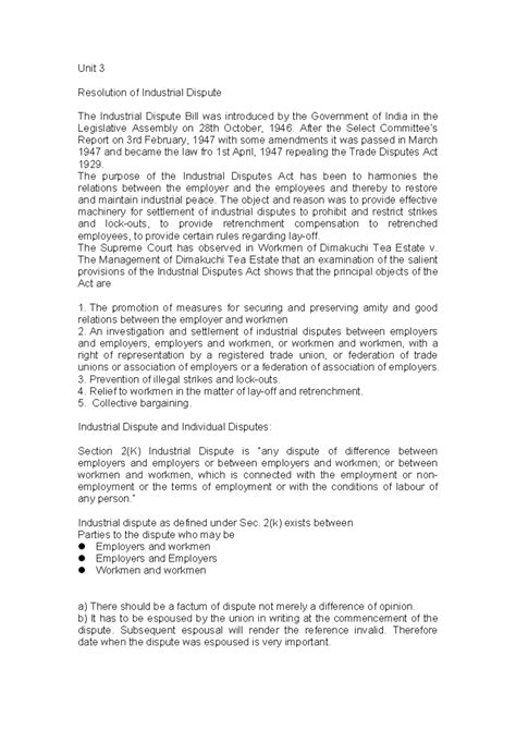 Labour Laws Unit 3 - notes - Unit 3 Resolution of Industrial Dispute ...