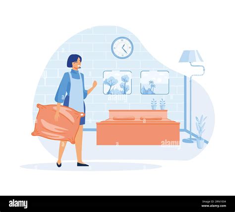 Hotel jobs concept, Housekeeper making bed in room, cleaning lady, room ...