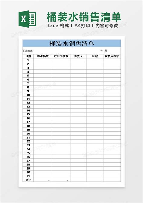 桶装水销售清单Excel模板下载_熊猫办公