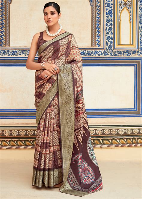 Chocolate Brown Woven Banarasi Printed Soft Silk Saree – Zari Banaras