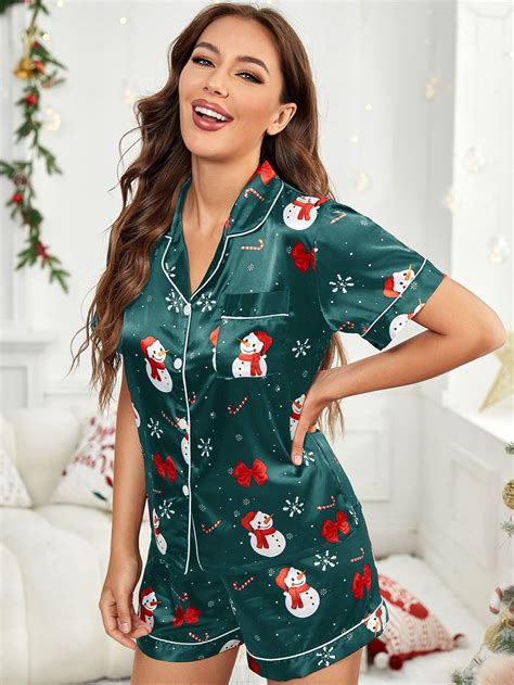 Christmas Print Contrast Piping Satin PJ Set | Satin pj set, Christmas ...