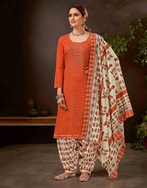 Unstitched Pure Cotton Women Orange Punjabi Suits Dress Material – Stilento