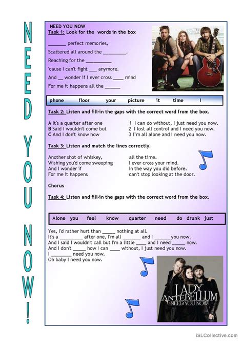 Lady Antebellum Need You now song an…: English ESL worksheets pdf & doc