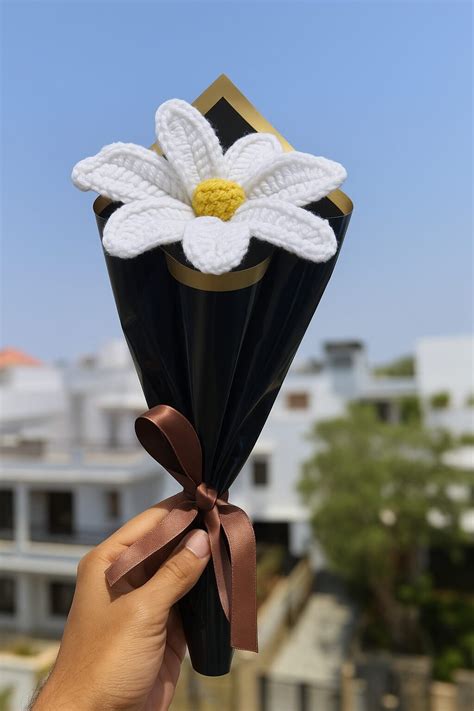 Handmade Crochet White Lily – Wool Flower with Black Gift Wrap White L ...