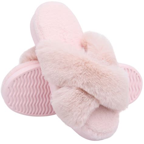 LORDFON Fluffy Open Toe Slippers for Women,Fuzzy Furry Cross Band ...