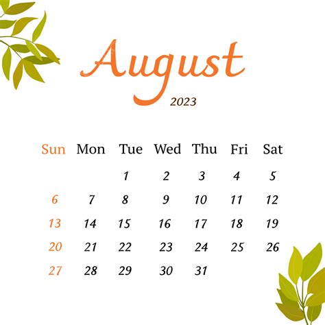 Calendar August 2023 With Leaves, Calendar August 2023, August 2023 ...