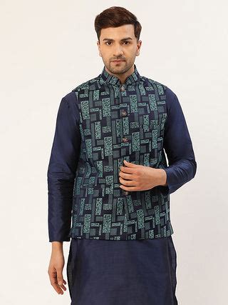 Men's Blue Woven Design Nehru Jacket – Jompers