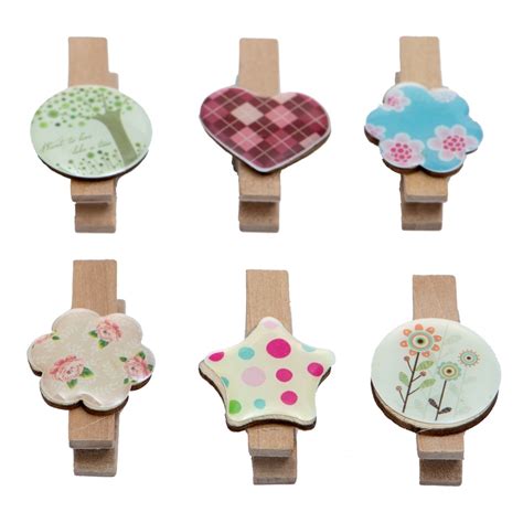 Wooden Clips Set of 6 Decorative Colour Full ...collection Flower Star ...