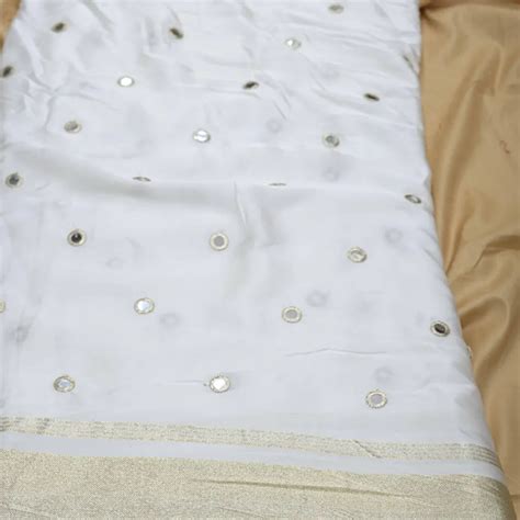 Golden Mirror Work Embroidery With Lagdi Pata Border On White Dyeable ...