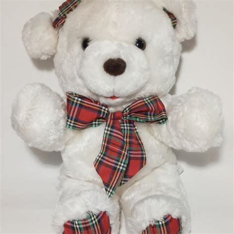 Cuddle Wit Christmas White Plush Bear Toy Plaid... - Depop