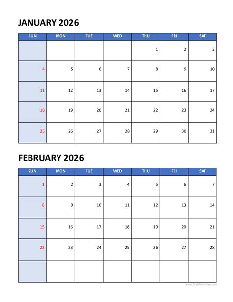 Download and print Printable January And February 2026 Calendar (Free PDF)