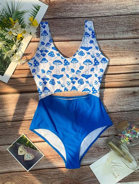 Mushroom Print Cut Out One Piece Swimsuit | SHEIN USA