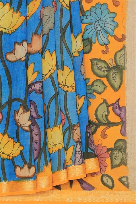 Pichwai Art Hand-Painted Blue Saree – Kalanjali