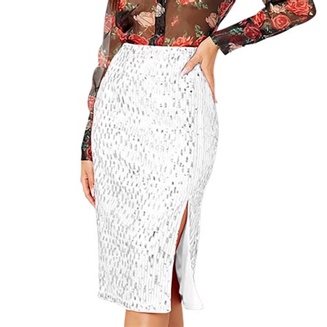 Women's Sequin Skirt Midi High Waist Elegant Stretchy Sparkly Side Slit ...