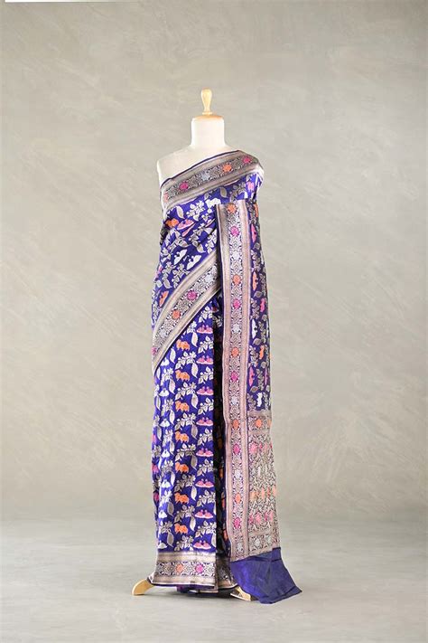 Ink Blue Banarasi Katan Silk Saree with Meenakari Cow-Swan Motifs ...