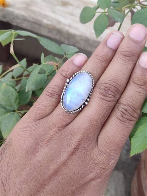 Buy Moonstone Ring 925 Silver Blue Flash Ring Large Stone Ring Online ...