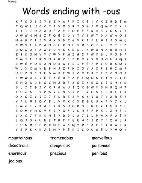 Words ending with -ous Word Search - WordMint
