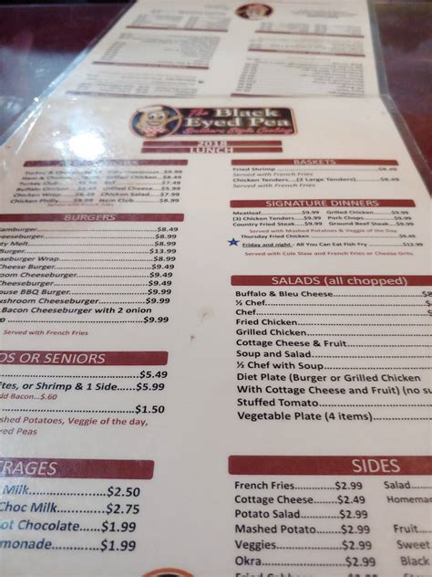 Menu at The Black Eyed Pea restaurant, Dade City, US-301