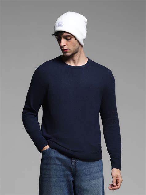 Navy Blue Flat Knit Pullover