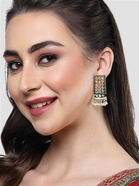 KARATCART Gold Plated Enamel Drop Green Earrings for Women