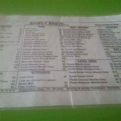 Menu at Simply South, Greater Noida, Shop No.1