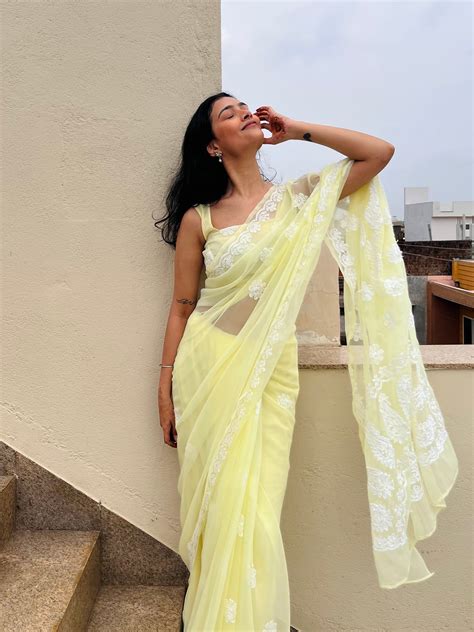 Yellow Chikankari embroidered saree