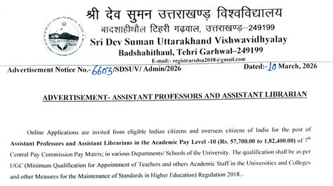 Recruitment: Sri Dev Suman Uttarakhand University State Govt ...