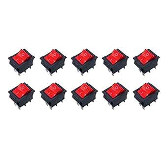 Pack of 10 On-Off Rectangle Rocker Switch 220V DPDT Red Indicator Light ...