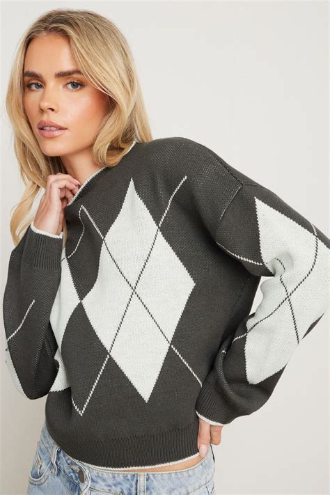 PixieGirl Petite Women's Grey Knitted Argyle Jumper | PixieGirl