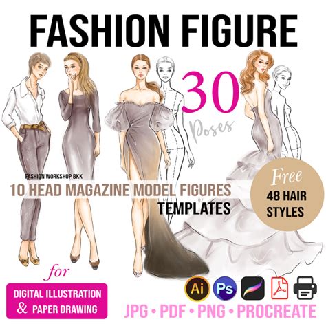 Digital 10 Head Fashion Figure Templates. 30 Poses. PDF Printable, PNG ...